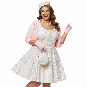 Plus Size Pastel Rainbow Gingham 1950s Swing Dress